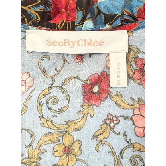 See By Chloe Floral Print Silk Caftan Dress Sz 38 6 Blue Dream Cottagecore Boho - Picture 9 of 16